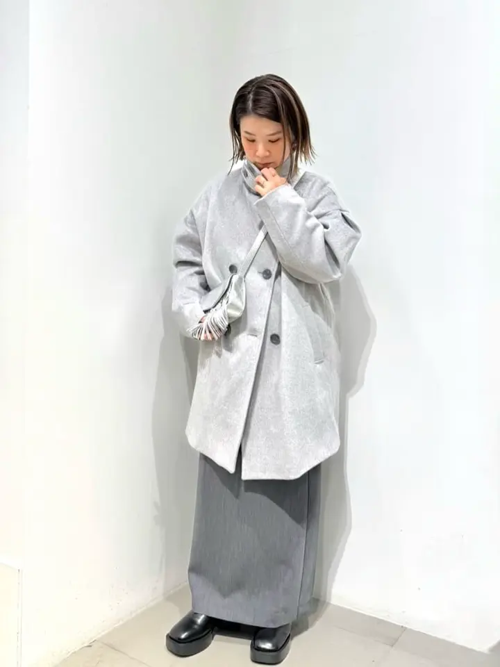 ウールミディアムコクーンコート　グレー ナノ・ユニバース NANO universe ノーカラーコクーンミドルコート