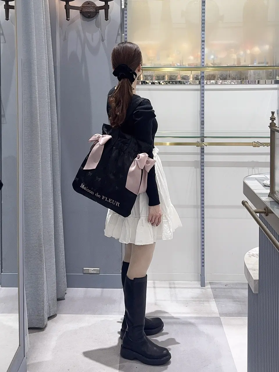 【原価以下安値】今期新作★★ブラックダルメシアン♡ダブルバックリボン♡ リボンジャカードダブルリボントートバッグ/Maison de FLEUR（メゾン