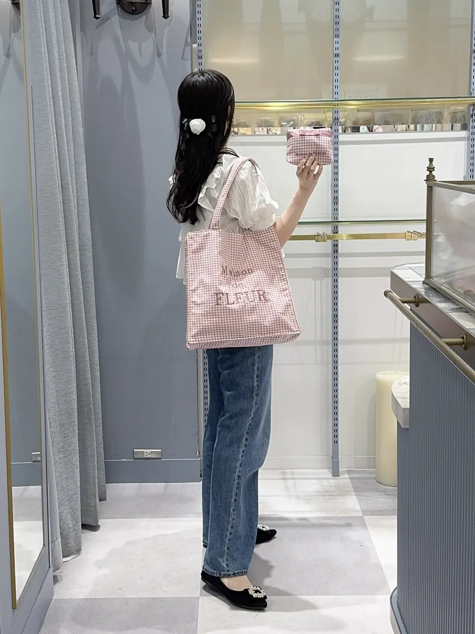 Maison de FLEUR canone♡優しい雨のギンガムブラウス 黒 遮光&UV CUT フリル折りたたみ傘/Maison de FLEUR（メゾン ド フルール