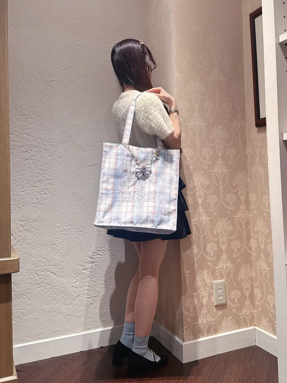 A4対応】ブランドロゴ刺繍チェックスクエアトート/Maison de FLEUR