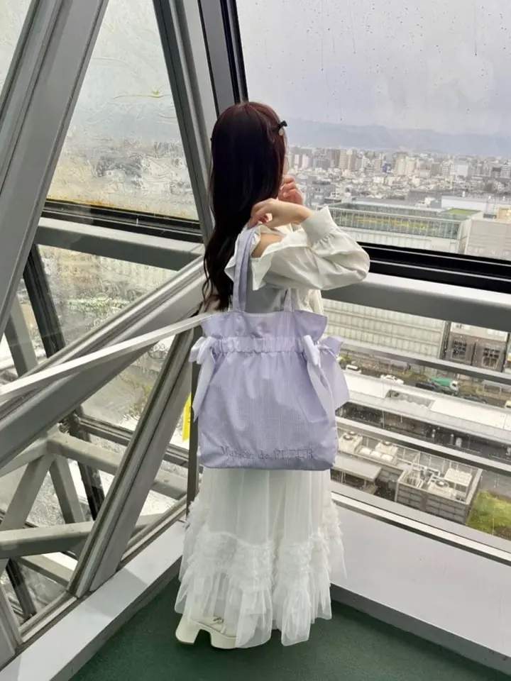 2310-42 ミニチュアトートサシェ 香り袋 Cuddly 薔薇 チェック 紫 ギンガムチェックダブルリボントートバッグ/Maison de FLEUR（メゾン