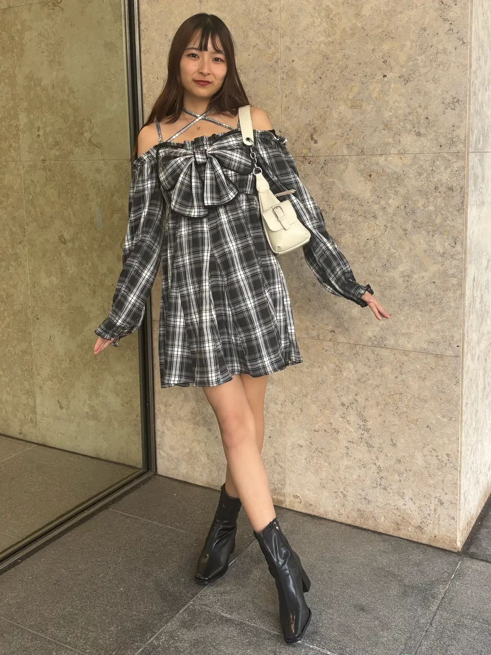 M me eme オフショルリボンチェックワンピース リボンチェックミニOP|ems excite | RETRO GIRL ONLINE STORE レトロ