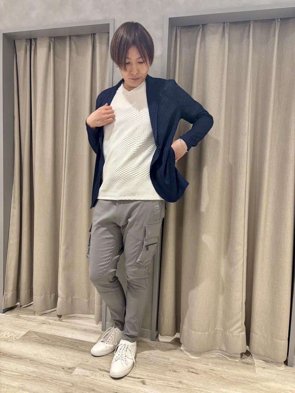 麻入り★ｽﾄﾗｲﾌﾟｼﾞｬｹｯﾄ★crocodile新品春夏 麻ライクストライプカットジャケット