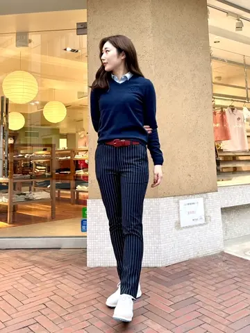 WOMEN マイクロピーチチョークストライプ ロングパンツ ミッドナイト