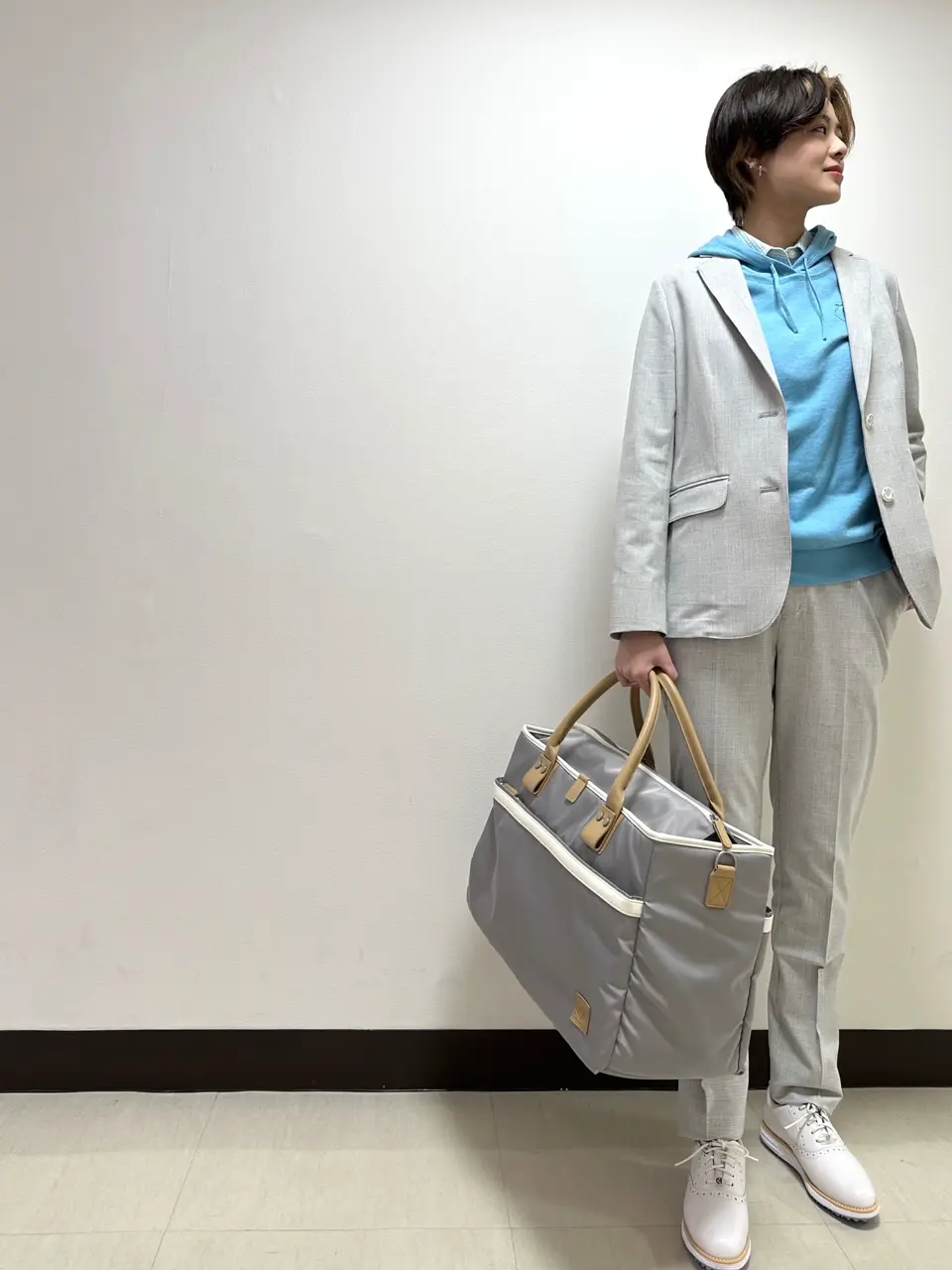 WOMEN グレンチェックストレッチ ロングパンツ シルバーグレー