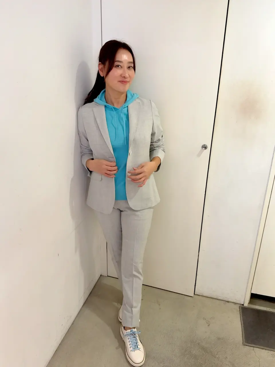 WOMEN グレンチェックストレッチ ロングパンツ シルバーグレー