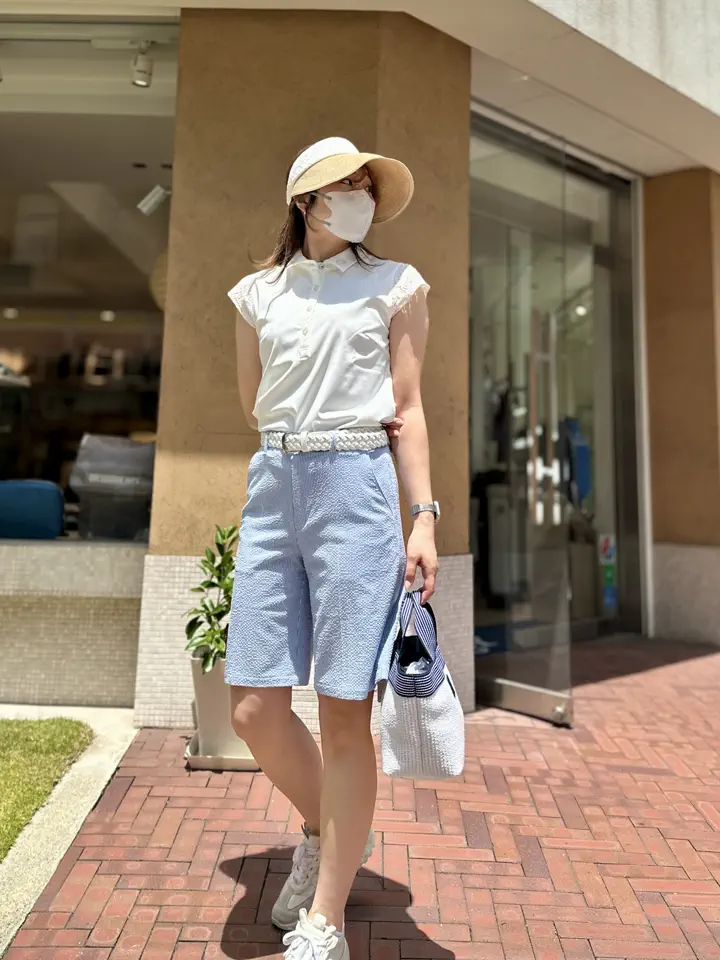 WOMEN ストライプサッカー ショートパンツ ブルー
