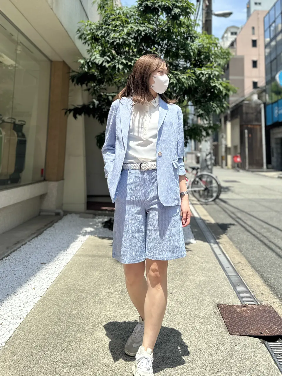 WOMEN ストライプサッカー ジャケット ブルー