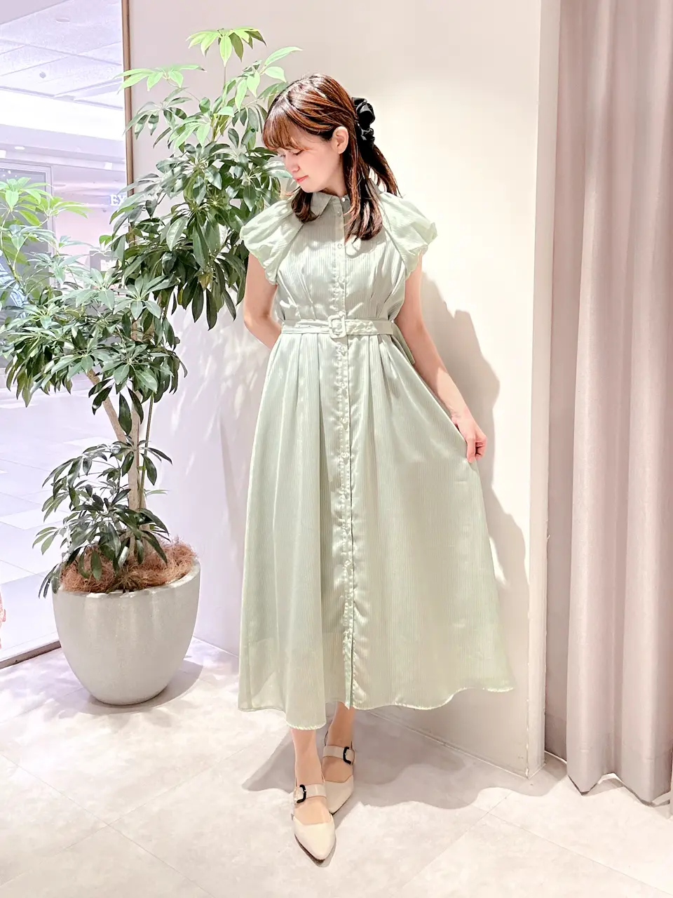 SALE】シアーストライプバルーンスリーブシャツワンピース