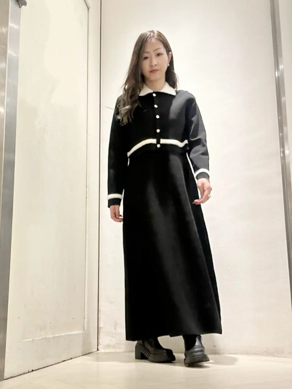 SALE】シャギー衿ニットワンピース×ノーカラーカーディガンセット