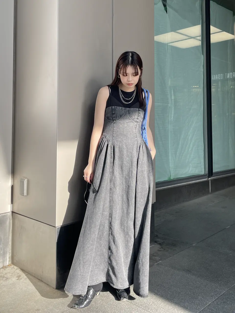 DENIM BUSTIER DOCKING FLARE DRESS