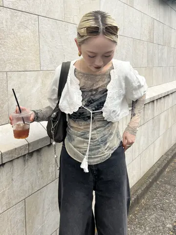 新品 MEDI 2WAY TROMPE LACE PRINT SKIN TOP MEDI 2WAY TROMPE L'OEIL LACE PRINT SKIN TOP（Tシャツ