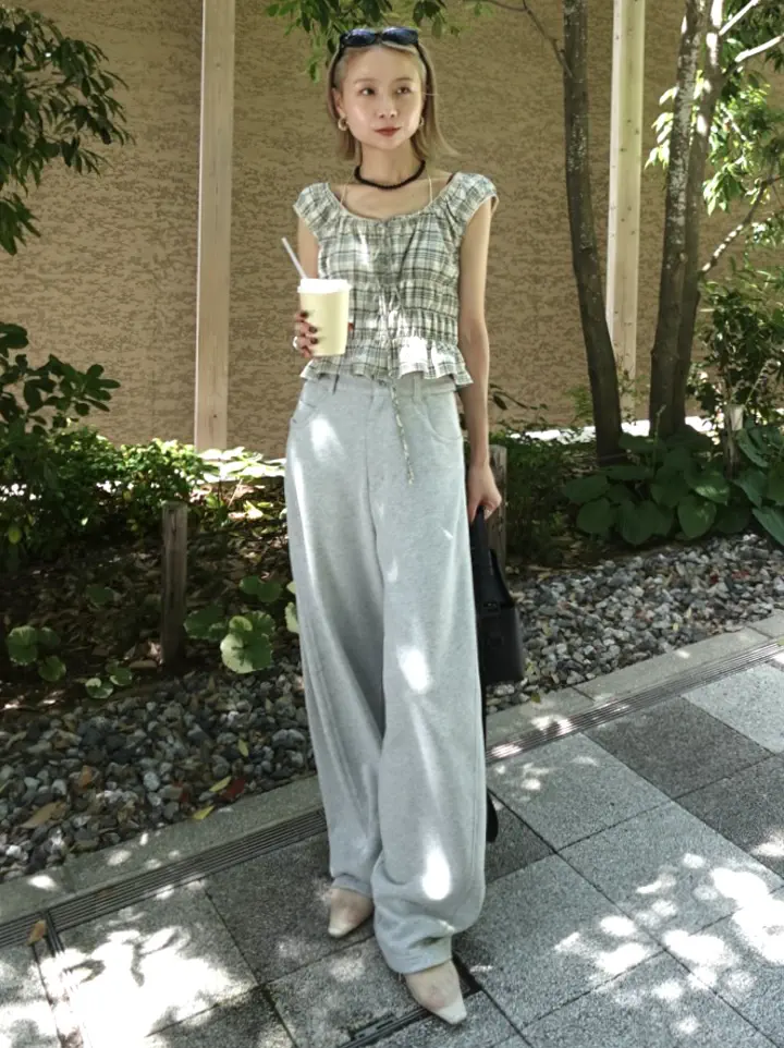 CHECK SHIRRING RIBBON TOPS