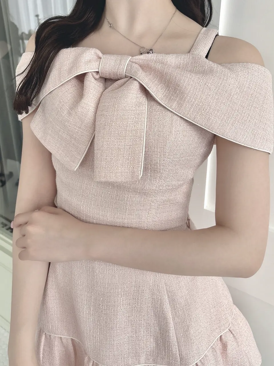 evelyn リボンツイードオフショルセット　イエロー evelyn リボンツイードオフショルセット イエロー リボン