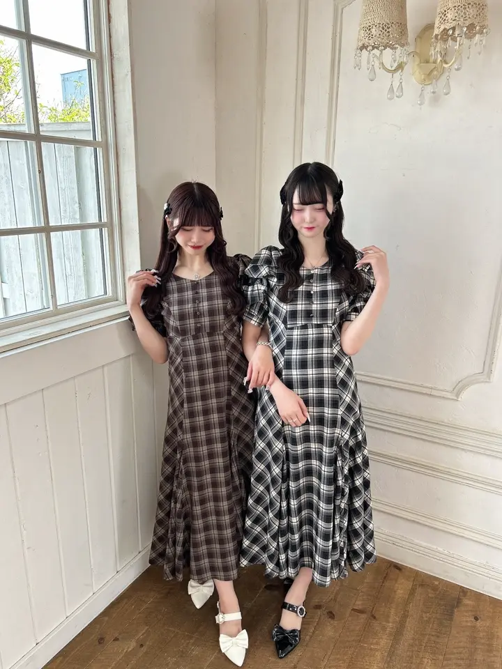 肩リボンチェックロングOP｜evelyn（エブリン）公式通販サイト
