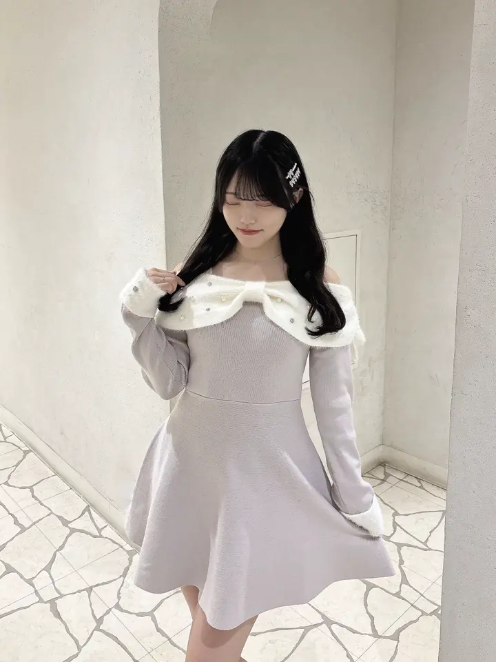 evelyn リボンオフショルミニワンピース アイスグレイ リボンオフショルミニワンピース｜evelyn（エブリン）公式通販サイト