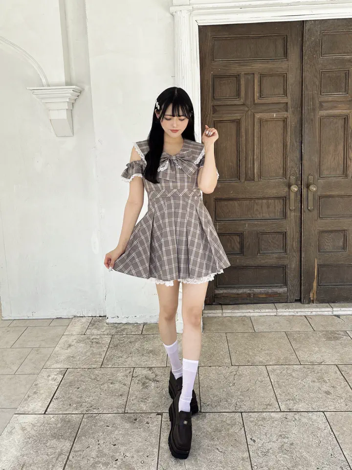チェックリボン大襟ワンピース｜evelyn（エブリン）公式通販サイト