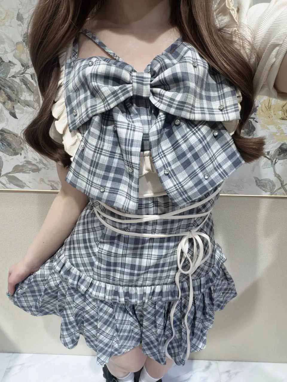 Bust Ribbon Bijou Check Onepiece｜evelyn（エブリン）公式通販サイト
