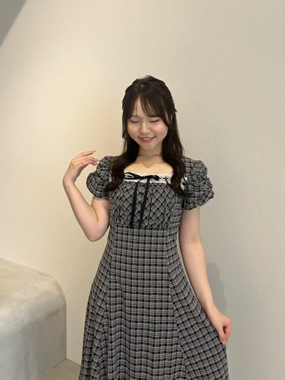 An MILLE アンミール バストギャザーリボンOP ブラックチェック バストギャザーリボンワンピース｜evelyn（エブリン）公式通販サイト