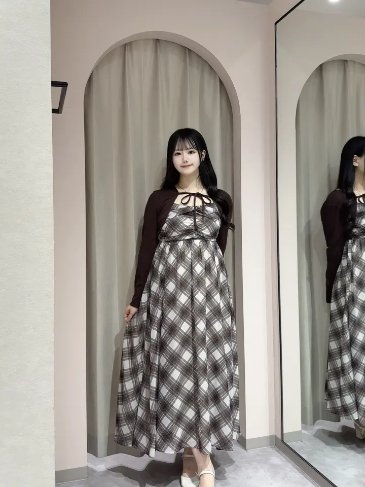 anmille ボレロセットチェックシフォンOP ブラウン タグ付き ボレロセットチェックシフォンワンピース｜evelyn（エブリン