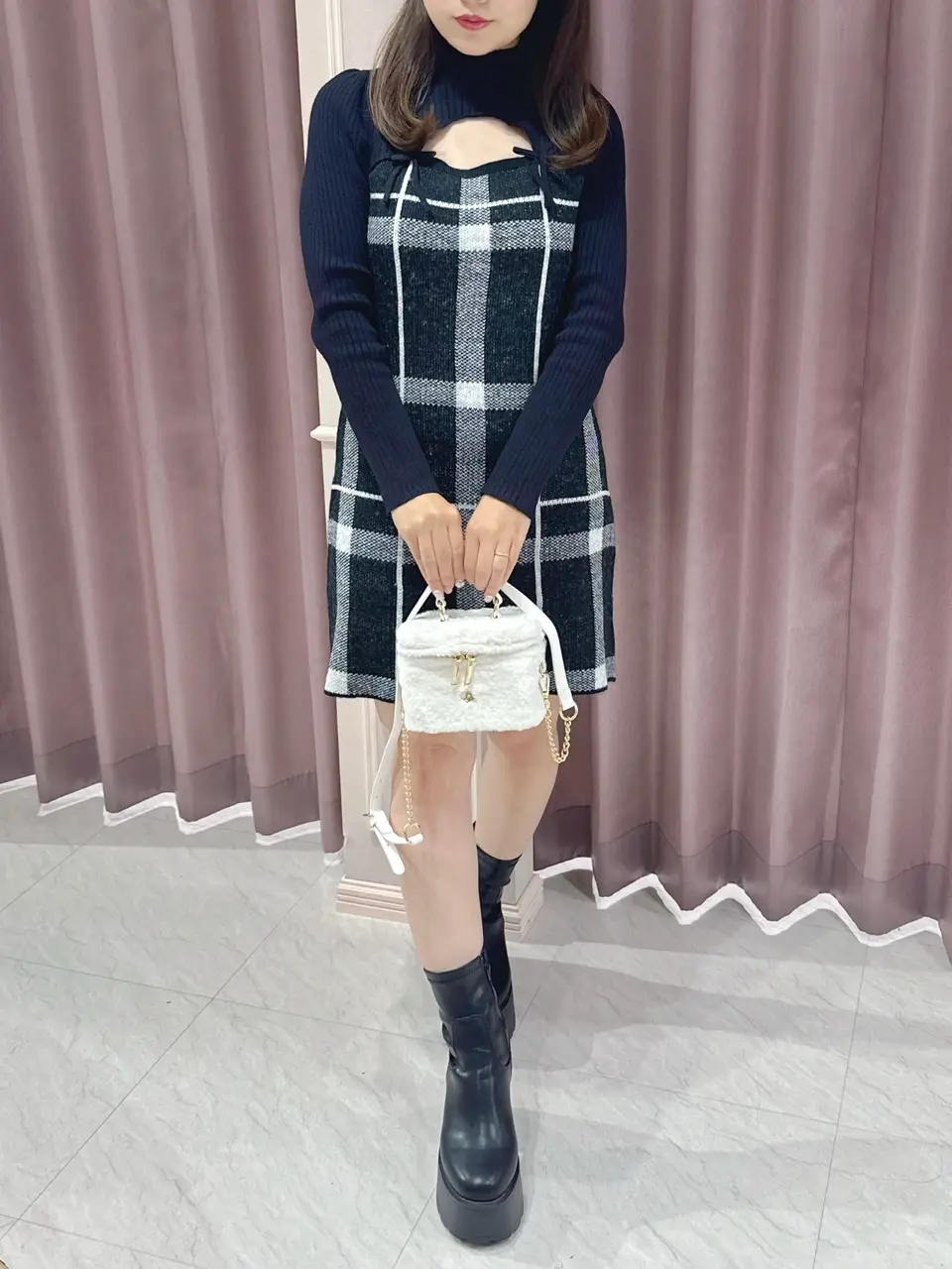 フロントオープンチェクニットワンピース｜evelyn（エブリン）公式通販