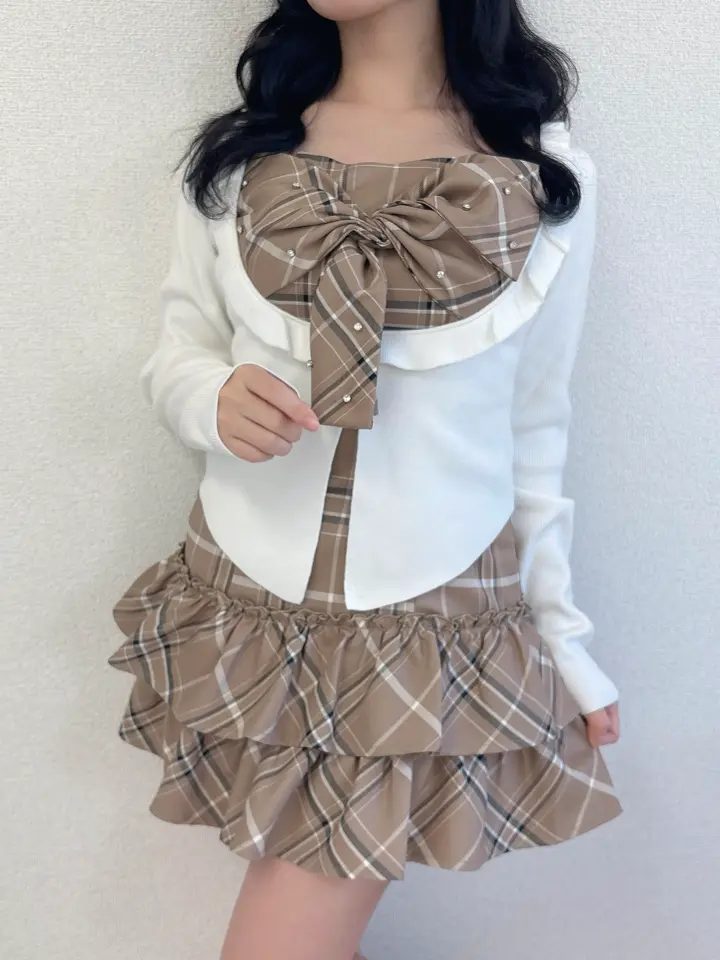 Frill Cardigan Check Ribbon Onepiece｜Rilly emulie
