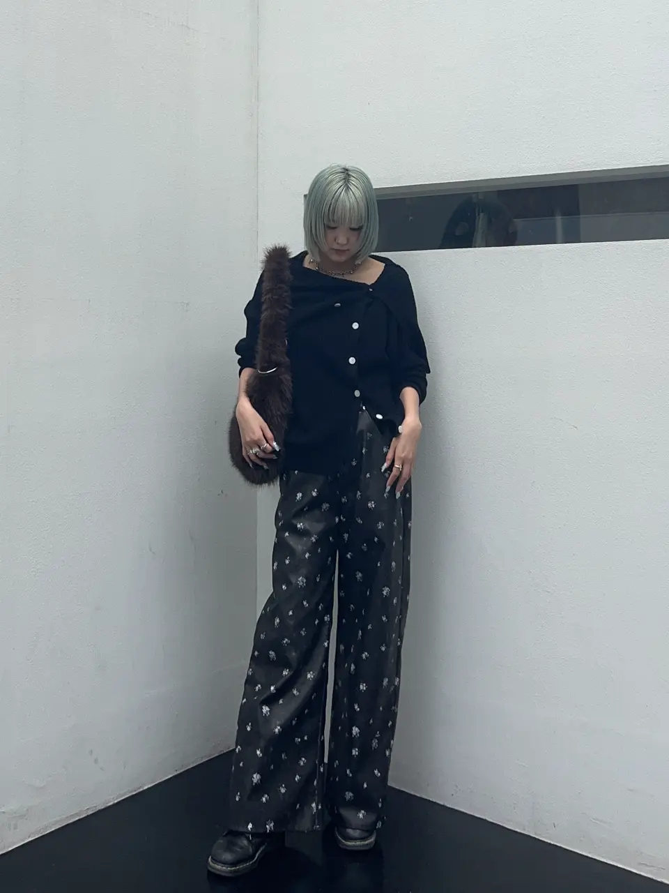 SALE】Vegan Leather Flower Print Pants