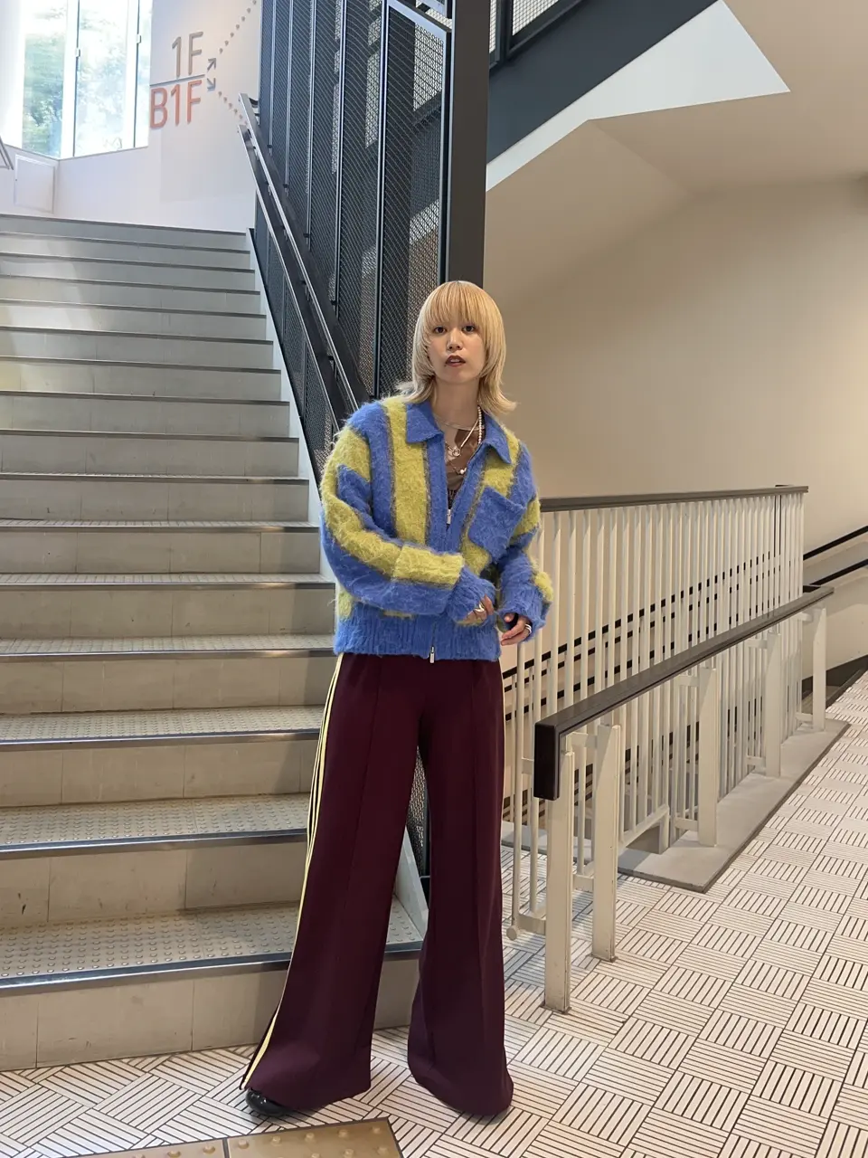 MAISON SPECIAL 　フリンジ付き紫と黄のストライプカーディガン MAISON SPECIAL(メゾンスペシャル)｜Soutien Collar Stripe Zip Knit