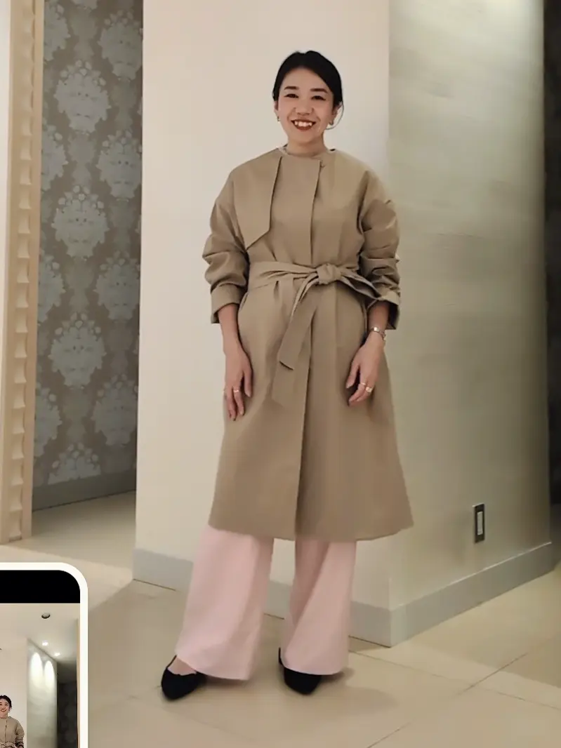 ドゥクラッセベージュ ノーカラー トレンチコート 光沢ギャバジン・ノーカラートレンチコート/DoCLASSE