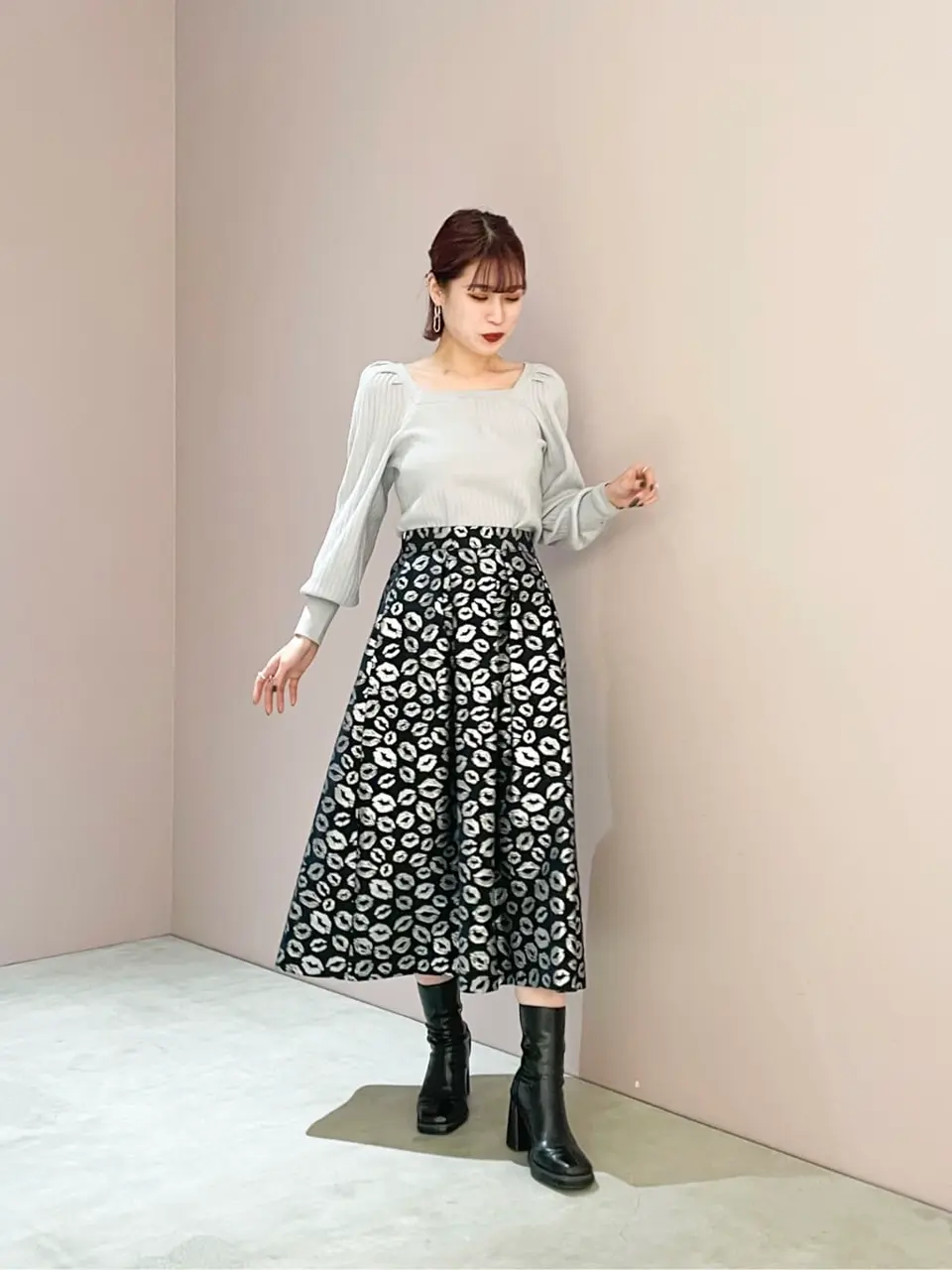 グレースコンチネンタル✨️モノグラムリブトップ&スカート セール】 レコードモチーフフレアスカート （ロング・マキシ丈