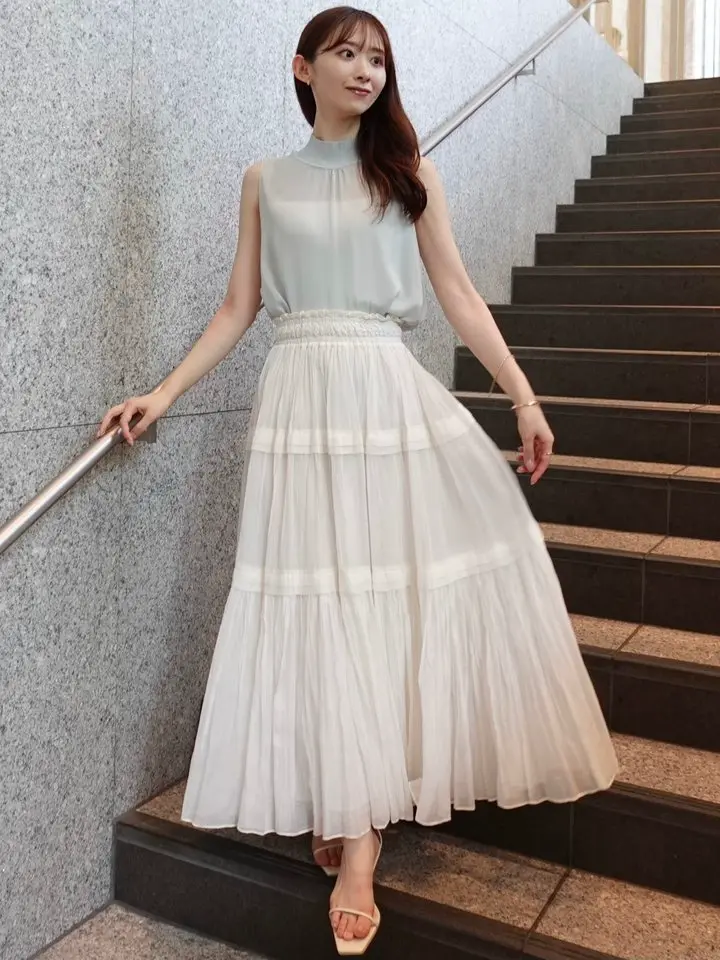 anuans Indiaシルクブレンドティアードスカート ホワイト Indiaシルクブレンドティアードスカート