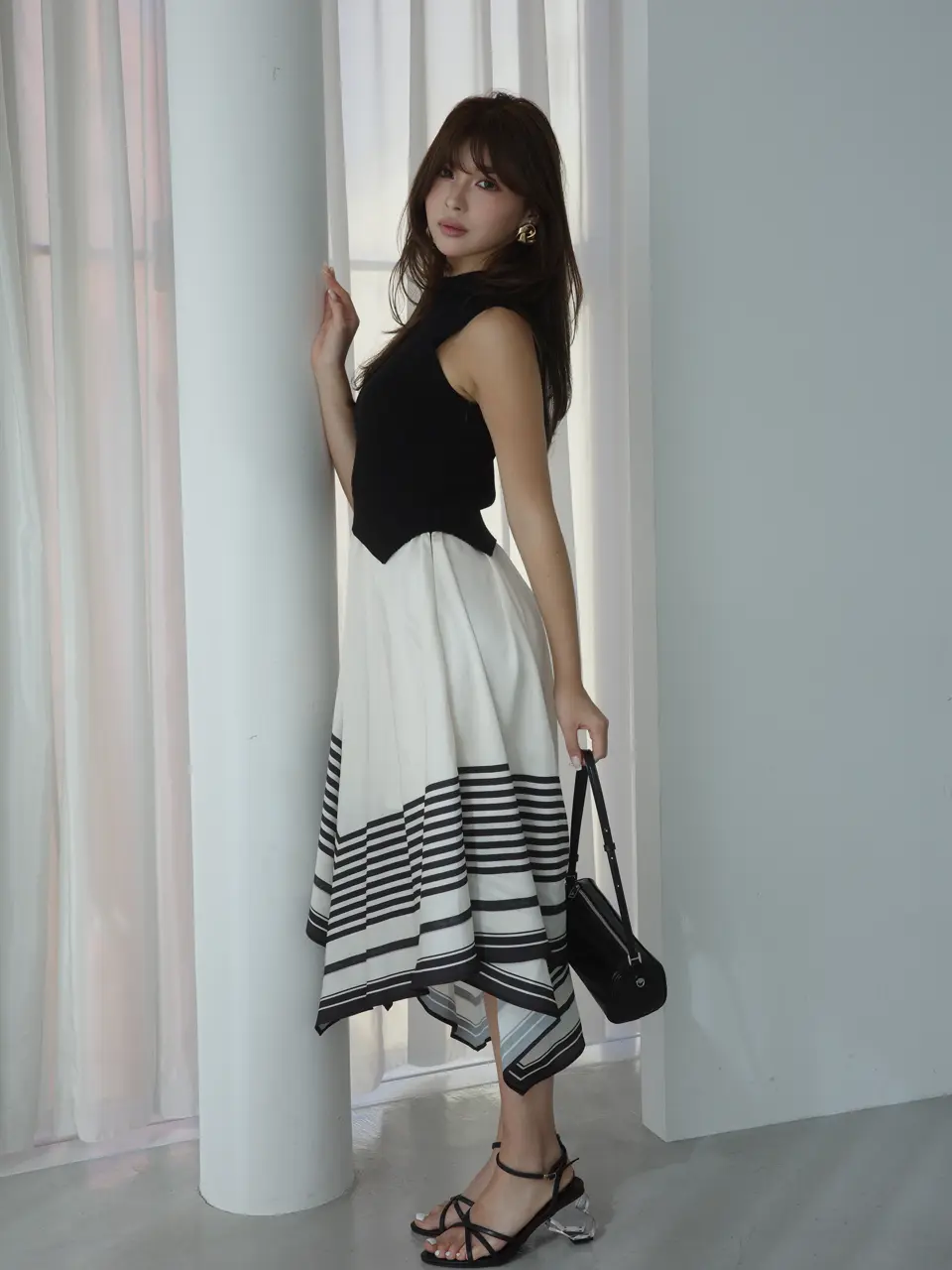 スカーフパターンニットドッキングワンピース