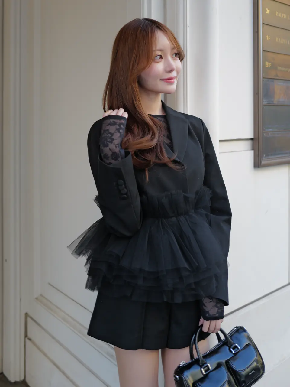 インゲボルグ★刺繍付チュールレース♪フリルジャケット はおりもの サイズ9 黒系 無地 z16673 INGEBORG - インゲボルグ☆刺繍付チュールレース♪フリルジャケット は