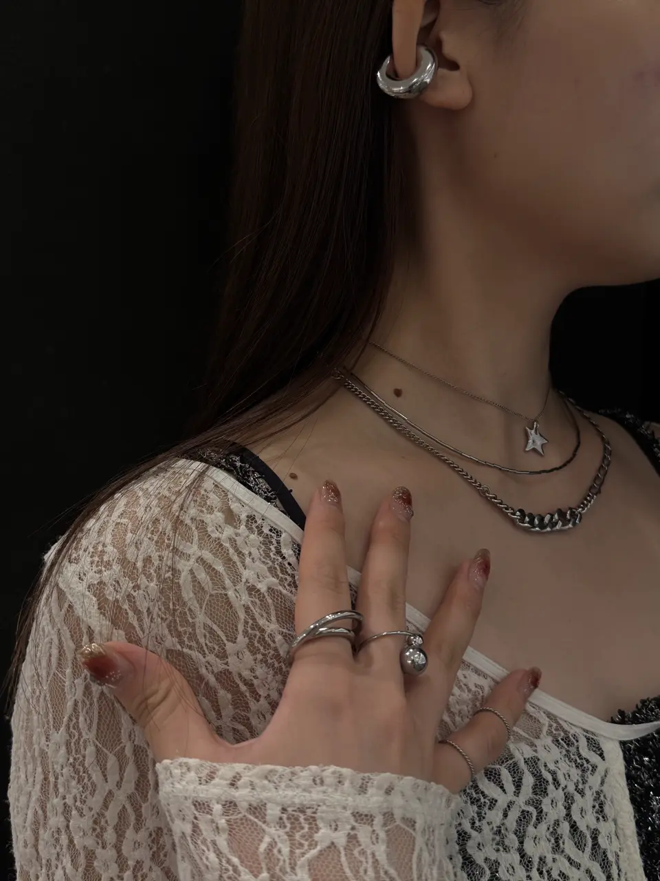 シルバー]パイプビーズネックレス