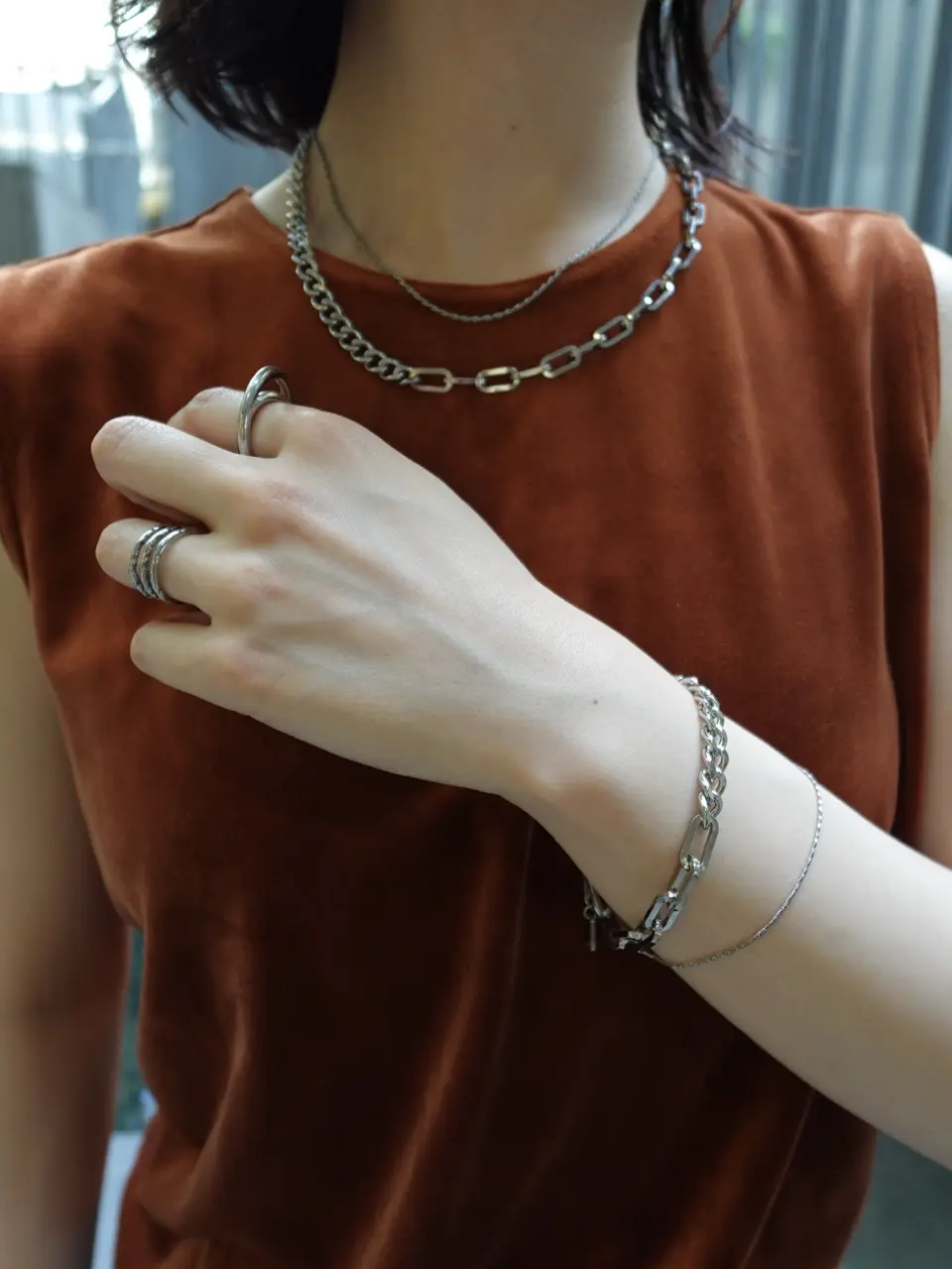 シルバー]アシンメトリーチェーンネックレス