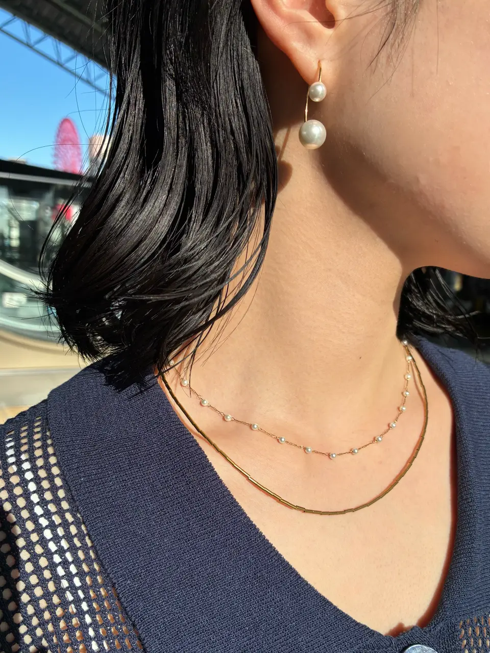 ゴールド]ステーションパールネックレス