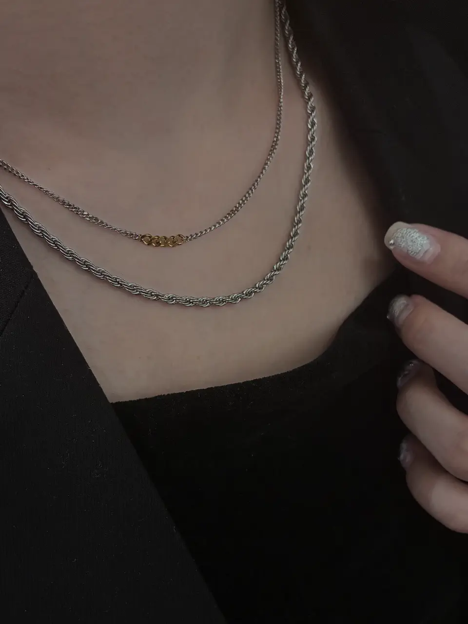 シルバー]ワンポイントミックスチェーンネックレス