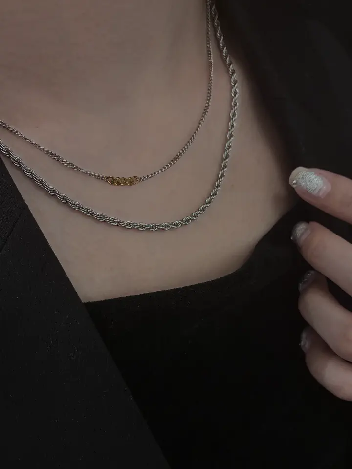 シルバー]ワンポイントミックスチェーンネックレス