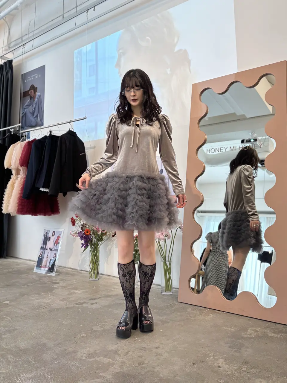 honey mi honey ハニーミーハニー チュールワンピース HONEY MI HONEY ハニーミーハニー｜ベロア×チュール ミニワンピース