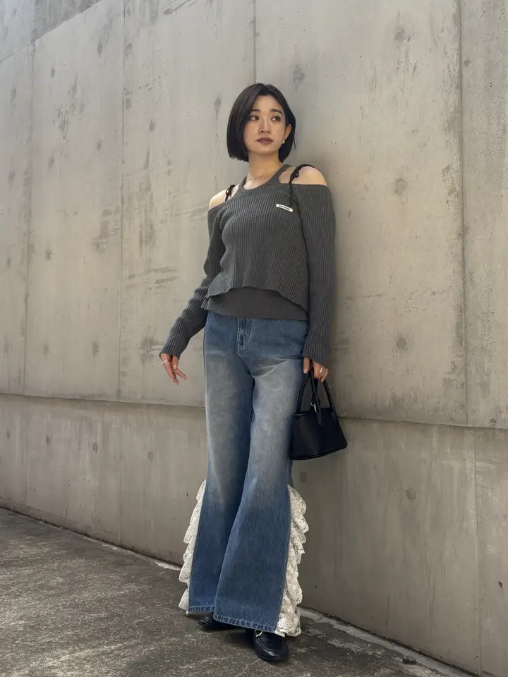 HONEY MI HONEY｜レースフリルワイドデニムパンツ｜サイドレースで