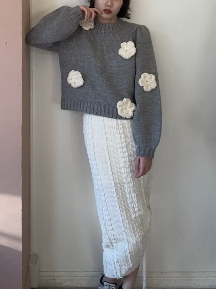 美品♡近年♡リブ ニット 切り替え ハイネック ニット パフスリーブ 小花柄 S 美品♡近年♡リブ ニット 切り替え ハイネック ニット パフスリーブ