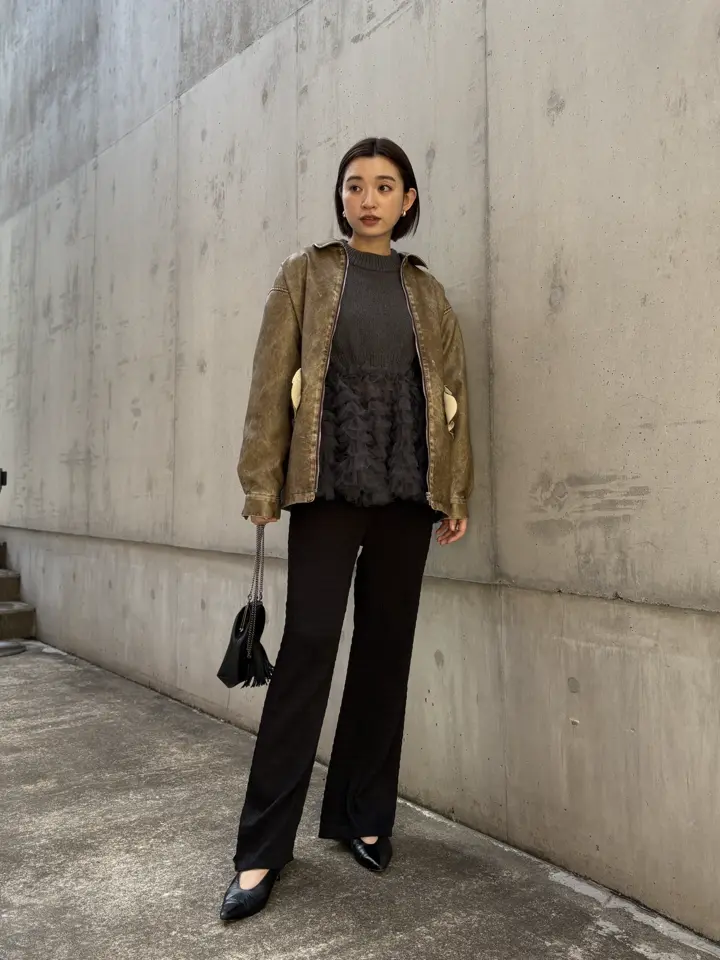 HONEY MI HONEY｜フリルポケットレザーライクブルゾン｜甘さと大人っぽ