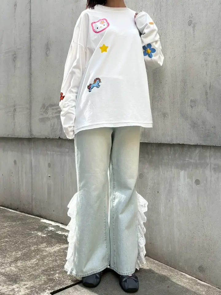 HONEY MI HONEY｜レースフリルワイドデニムパンツ｜サイドレースで