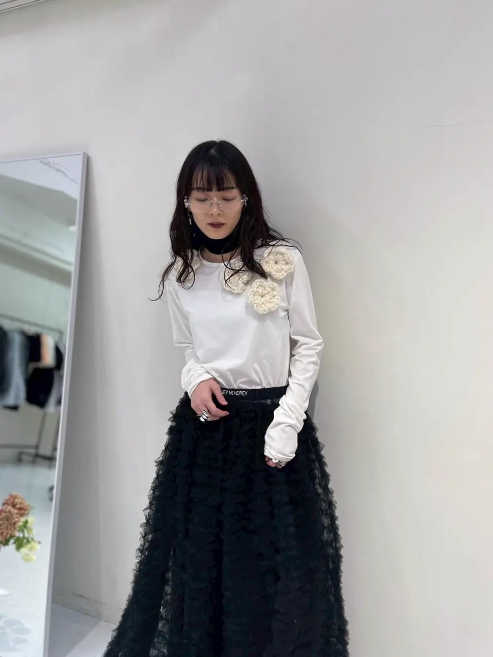 HONEY MI HONEY｜flower long t-shirt｜フラワーニットフラワーロングT