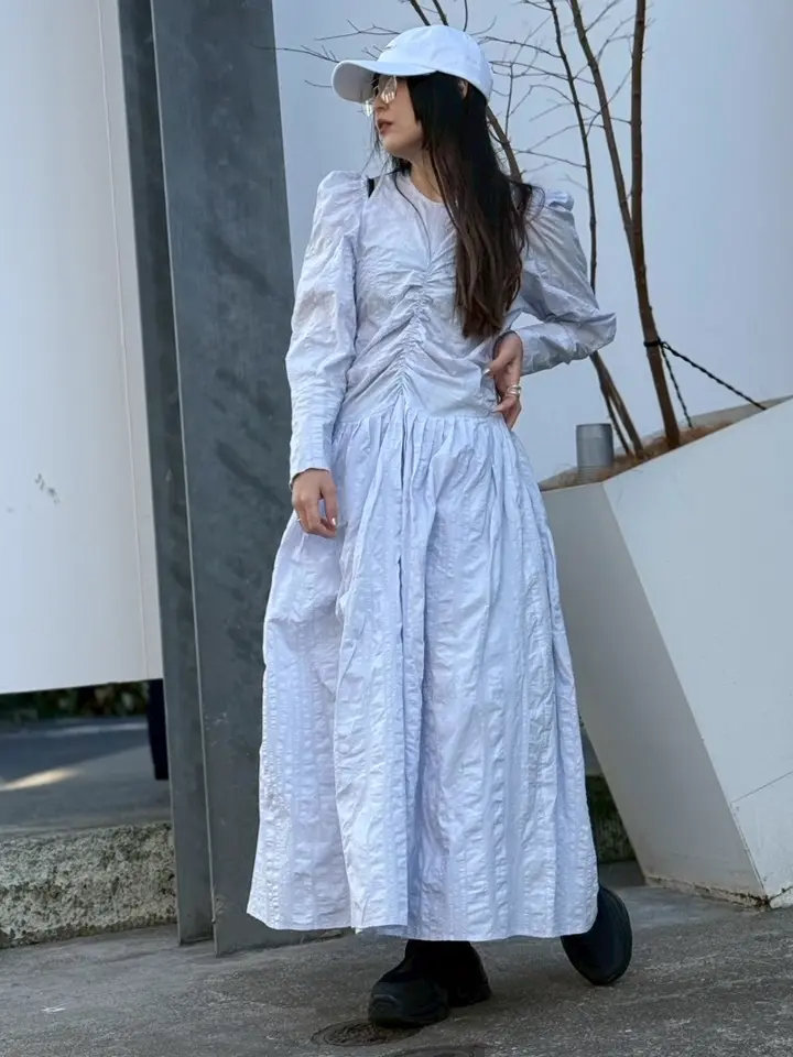 コットン カットオフ オーバーワンピース HONEY MI HONEY｜ショルダーカットオフギャザー ロングワンピース