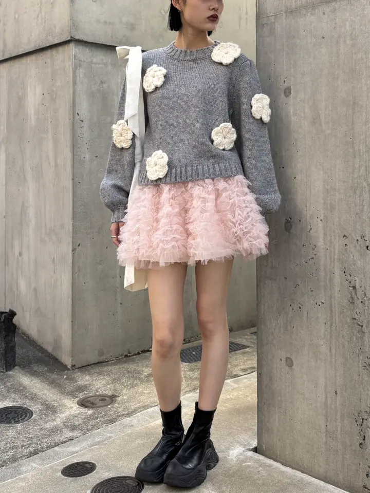 トップス HONEY MI HONEY flower puff sleeve knit HONEY MI HONEY｜立体フラワーニット｜レディース パフスリーブセーター