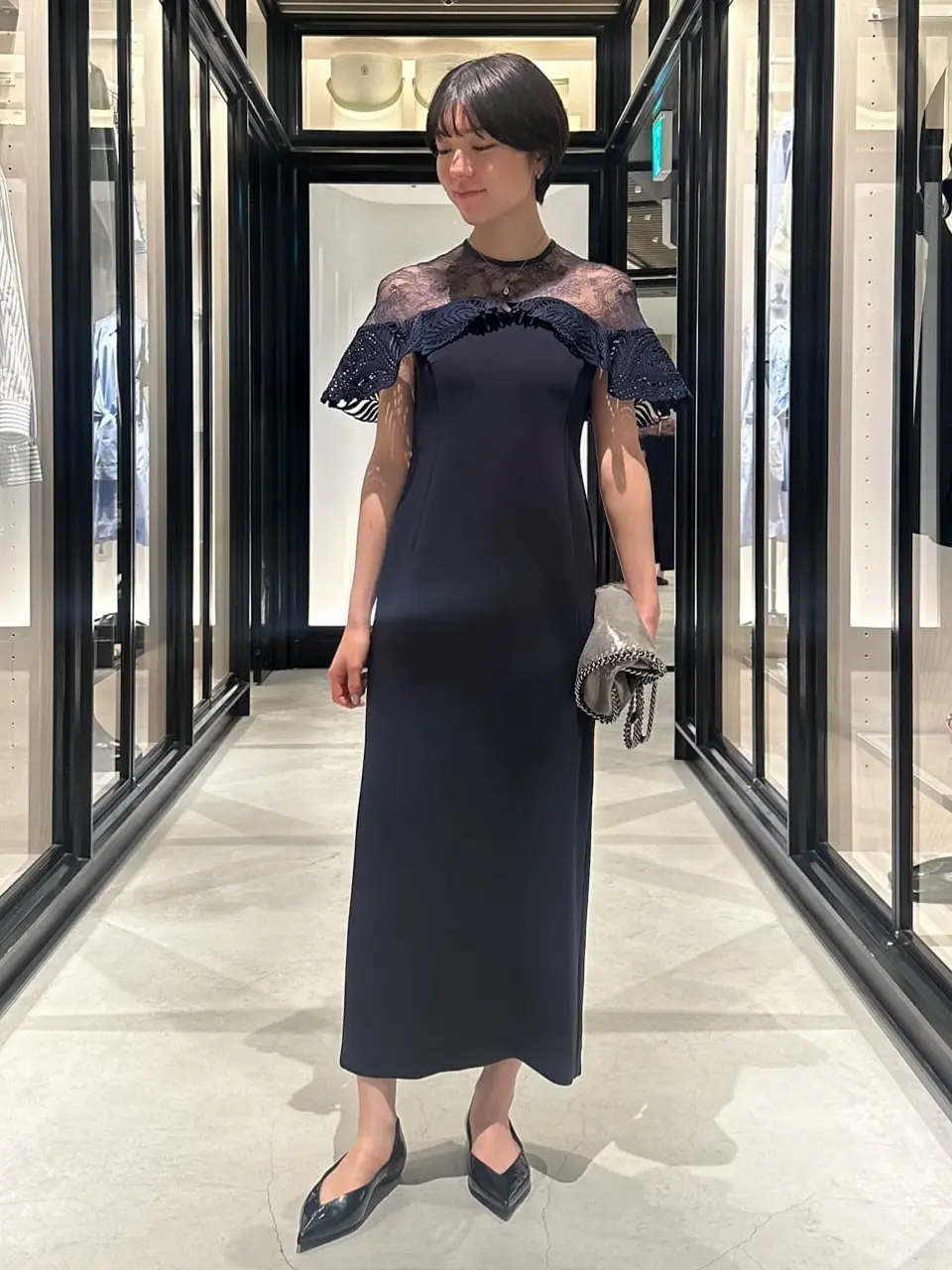 ワンピース Mame Kurogouchi lace dress Acetate Polyester Floral Lace-Sleeve Dress - navy - Mame