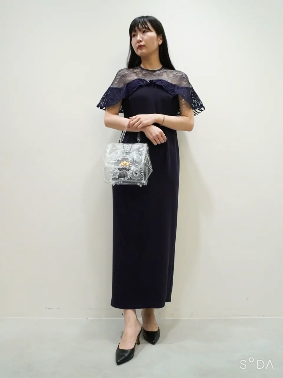 ワンピース mame kurogouchi Tulle Lace Classic Dress Mame Kurogouchi：Tulle Lace Classic Dress - NAVY - ORANN
