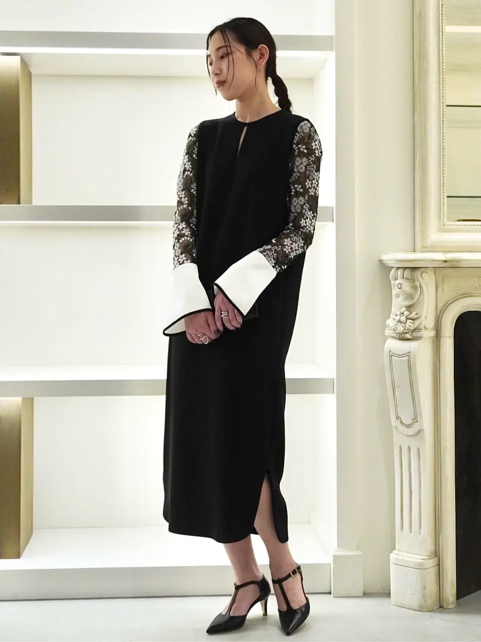 Triacetate Georgette Embroidery Collar Dress - black - Mame
