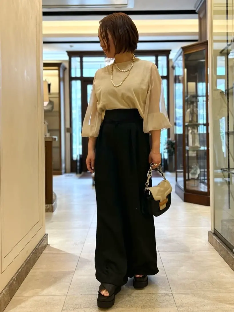 HYKE(ハイク)】 CREW NECK CROPPED SWEATER WITH SHEER SLEEVE